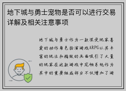 地下城与勇士宠物是否可以进行交易详解及相关注意事项