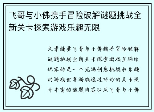 飞哥与小佛携手冒险破解谜题挑战全新关卡探索游戏乐趣无限